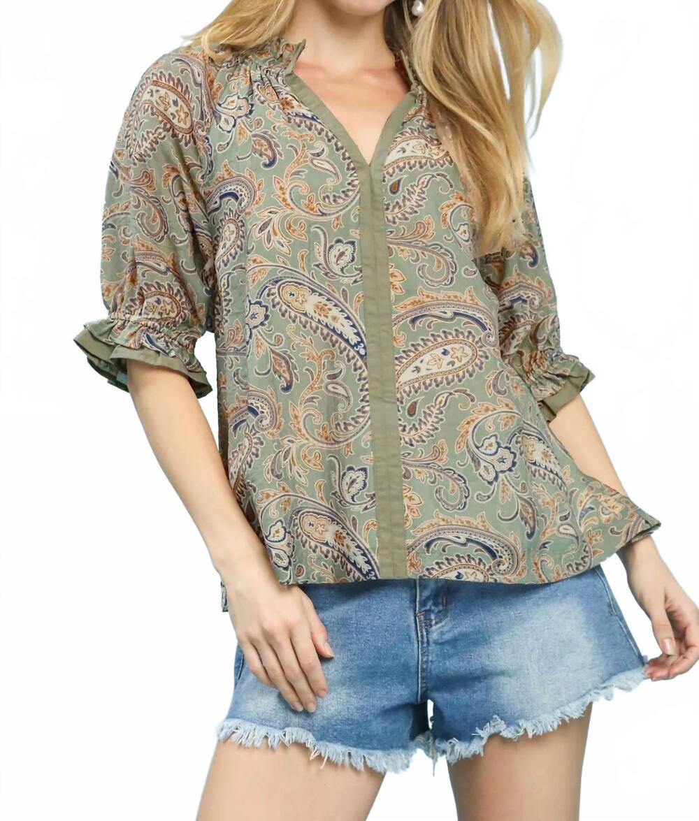 NEW UMGEE paisley split neck blouse in sage/blue